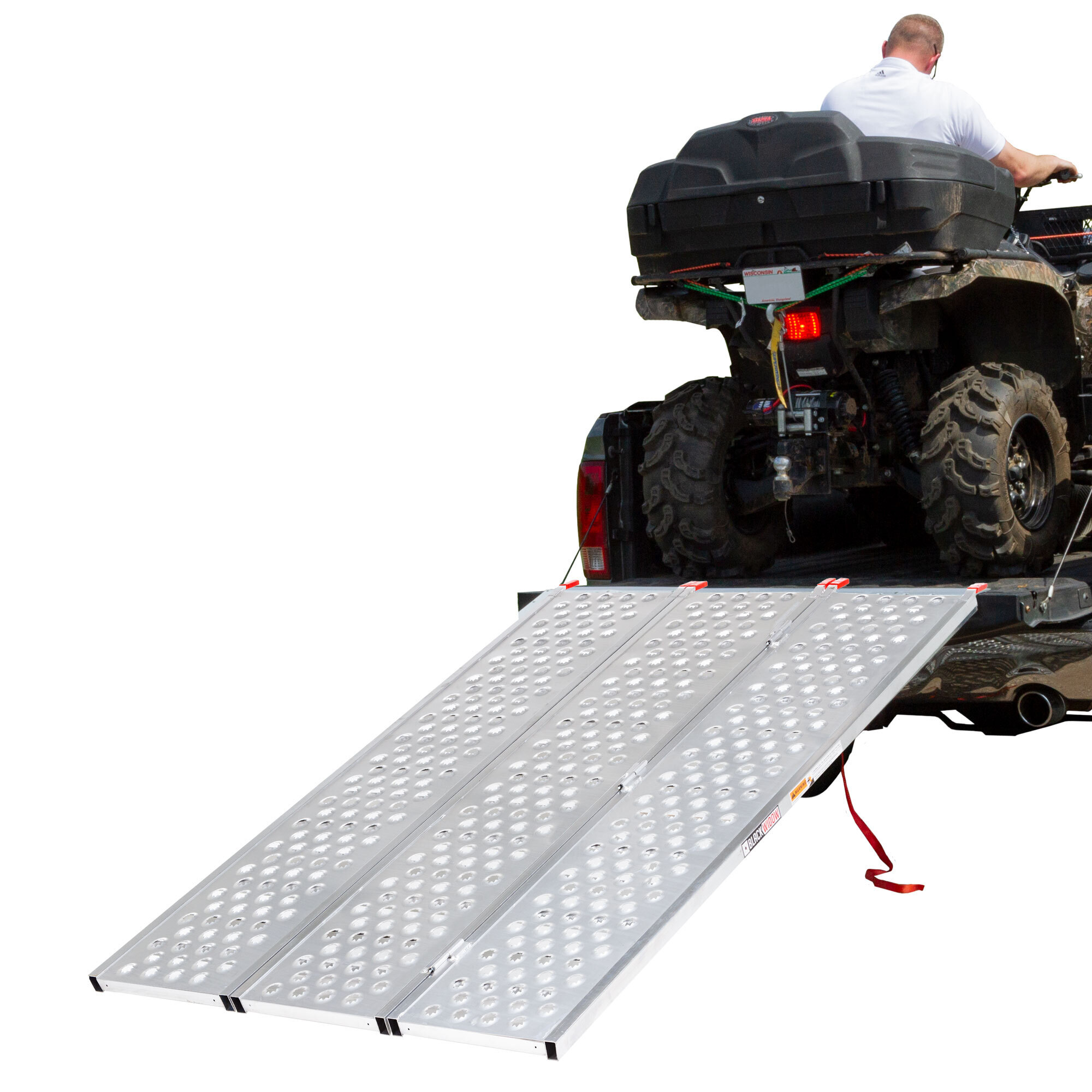 Black Widow, 6ft. 5-1/4in. x 54-3/8in. Alum. Tri-Fold ATV Ramp, Max. Ramp Length 77.25 in, Surface Width 54.38 in, Capacity 1500 lb, Model# TFP-7754